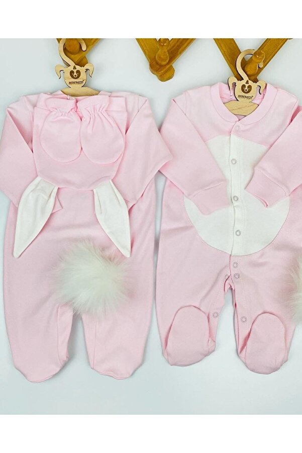 BEBERAZZİ Pembe Tavşan Temalı Ponponlu Kız Bebek Hastane Çıkışı Yenidoğan Tulum Set
