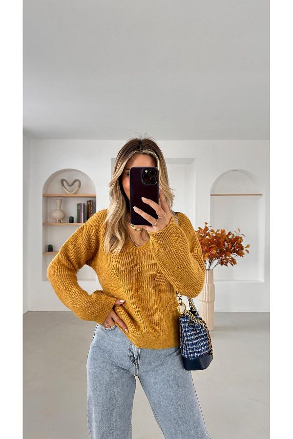 Sezgi Tekin Mustard Colored Front and Back V Neck Sweater Trendyol