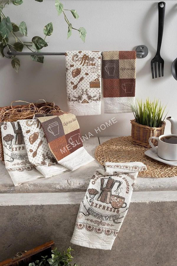 Meslina Home-30x50cm 6 Pieces Kitchen Towels - Drying Cloth and Hand Towels Printed Coffee 1