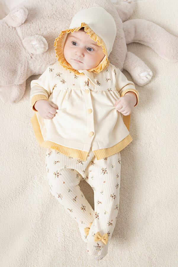 Cherub Baby Çıtır Çiçek Fırfırlı %100 Pamuk Yenidoğan Kız Bebek 5 Parça Natural Hastane Çıkışı Zıbın Seti