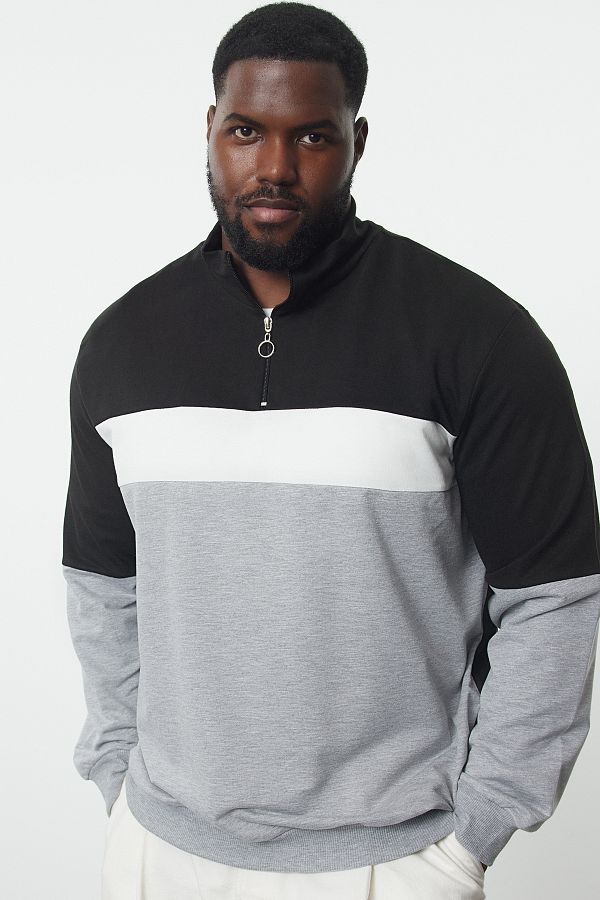 Trendyol Collection-Γκρι φούτερ Regular Fit Plus Size - Μακρύ μανίκι, γιακάς, φερμουάρ TMNAW25AO00016 1