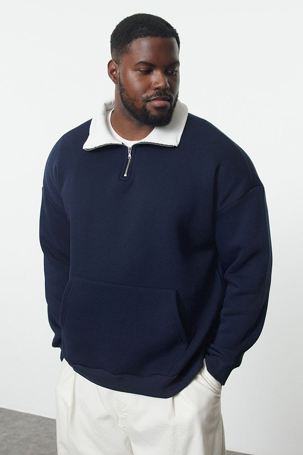 Trendyol Collection Navy Blue Oversize Wide Cut Stand Collar Zippered Large Size Sweatshirt Trendyol