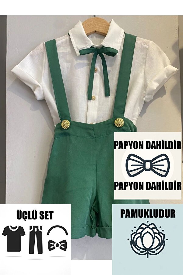 Ares Kids Fashion Kısa Salopet Takım Yeşil Gold Düğmeli Bebek Ve Çocuk Giyim Kız Ve Erkek