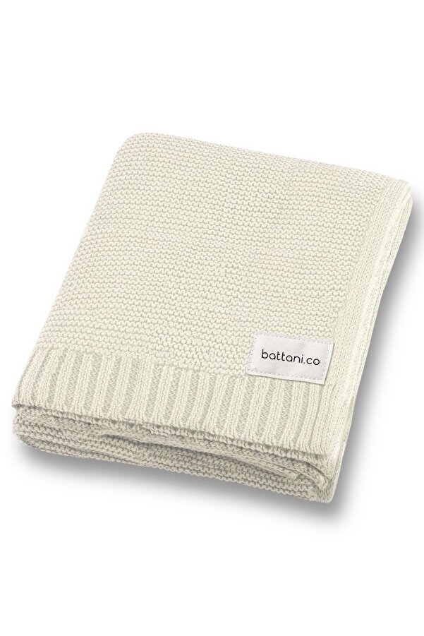 Battani.Co Kız Ve Erkek Bebek Için Triko Örgü Bebek Battaniyesi 90cm X110cm Basics Ekru