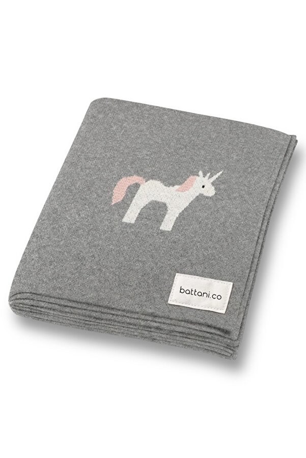 Battani.Co Kız Ve Erkek Bebek Için Triko Örgü Bebek Battaniyesi 85cm X85cm Unicorn Gri