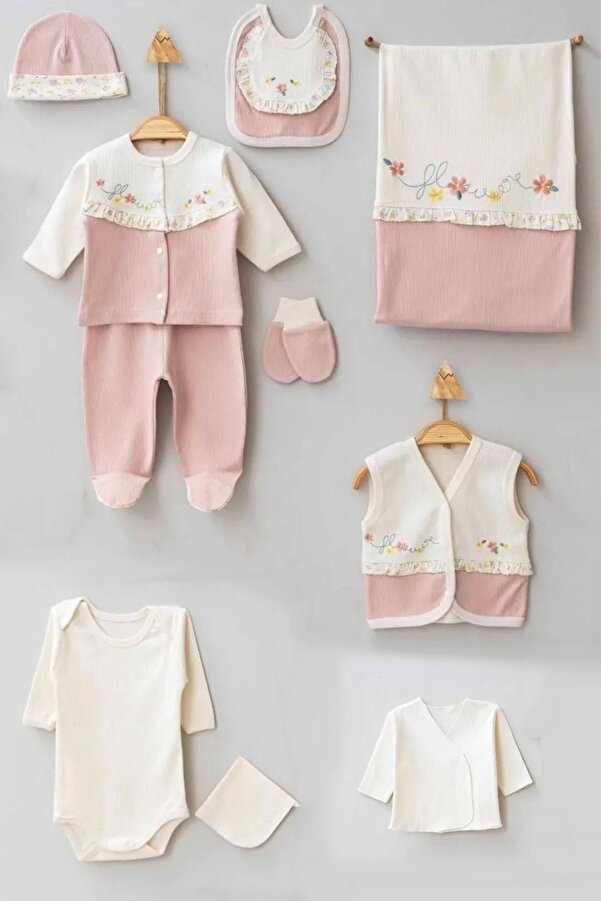 Cherub Baby Flower Çiçek Nakışlı %100 Pamuk Yenidoğan Kız Bebek 10 Parça Hastane Çıkışı Zıbın Set