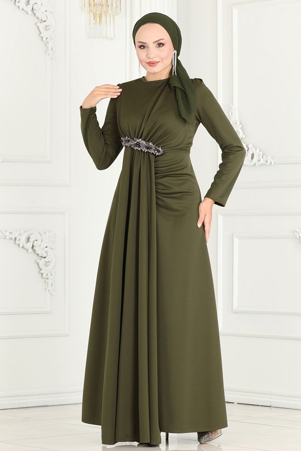 Modaselvim Khaki Hijab Evening Dress Stone Detail on the Waist Model 2521sl432 Trendyol