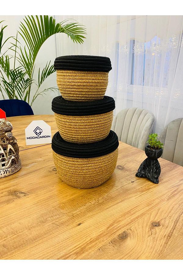 JÜTEX HOME-3-Piece Jute and Wicker Basket with Lid - Special Design, Multi-Purpose Organizer 1