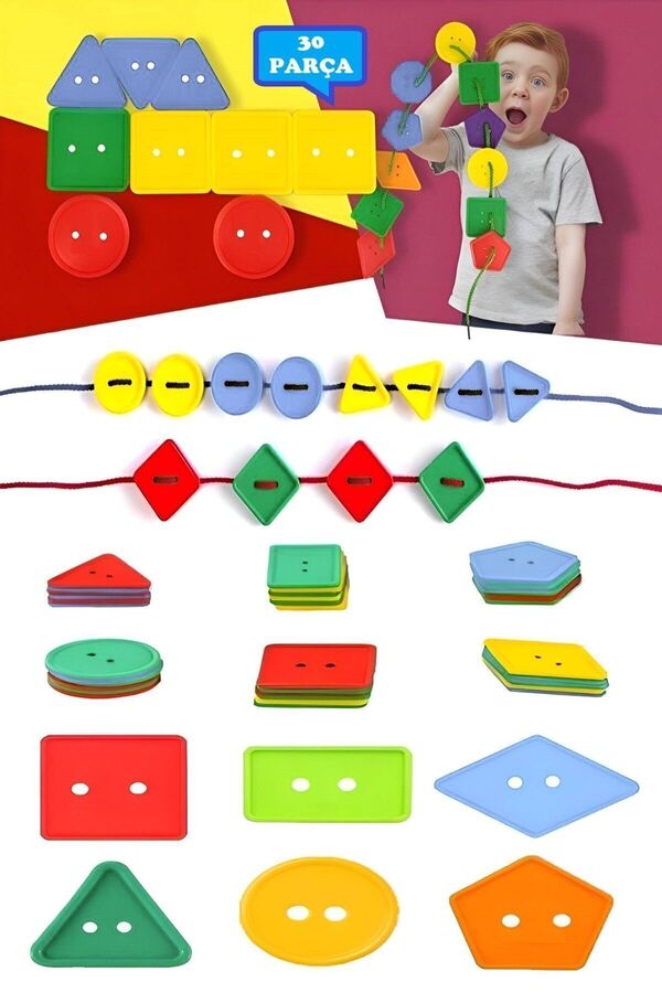 Hyd 30 Parça Geometrik Şekiller İpe Düğme Geçirme Dizme Renk Algı Koordinasyon Eğitici Oyuncak