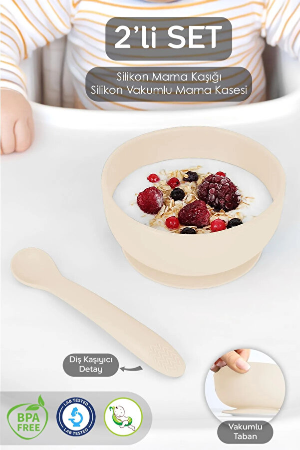 Meleni Baby Vakumlu Silikon Bebek Mama Kasesi - Vakum Tabanlı Silikon Kase - Silikon Diş Kaşıyıcı Kaşık - Bej