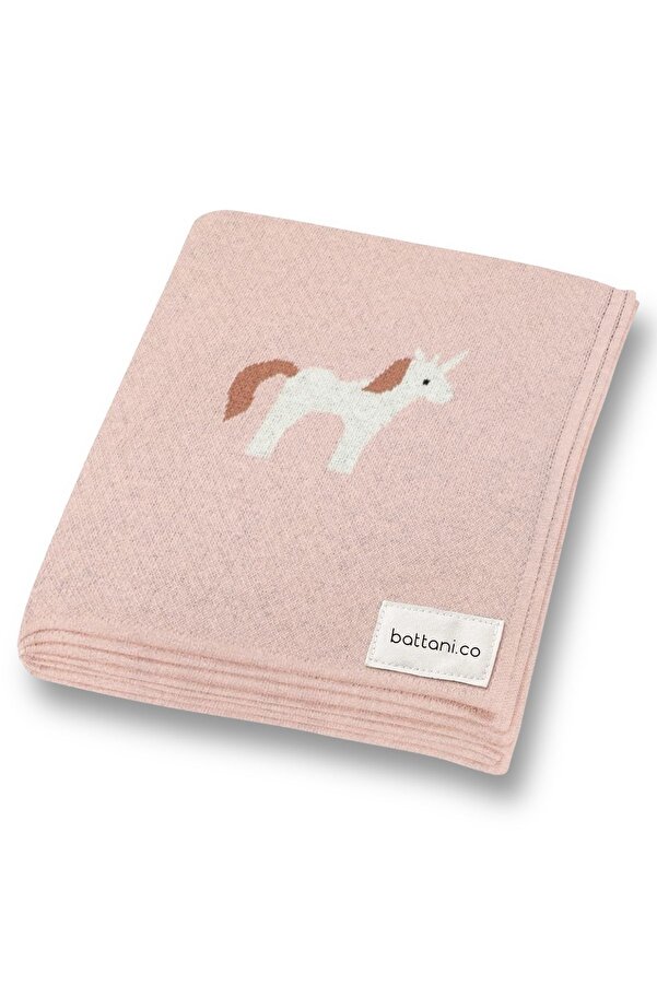 Battani.Co Kız Ve Erkek Bebek Için Triko Örgü Bebek Battaniyesi 85cm X85cm Unicorn Pembe