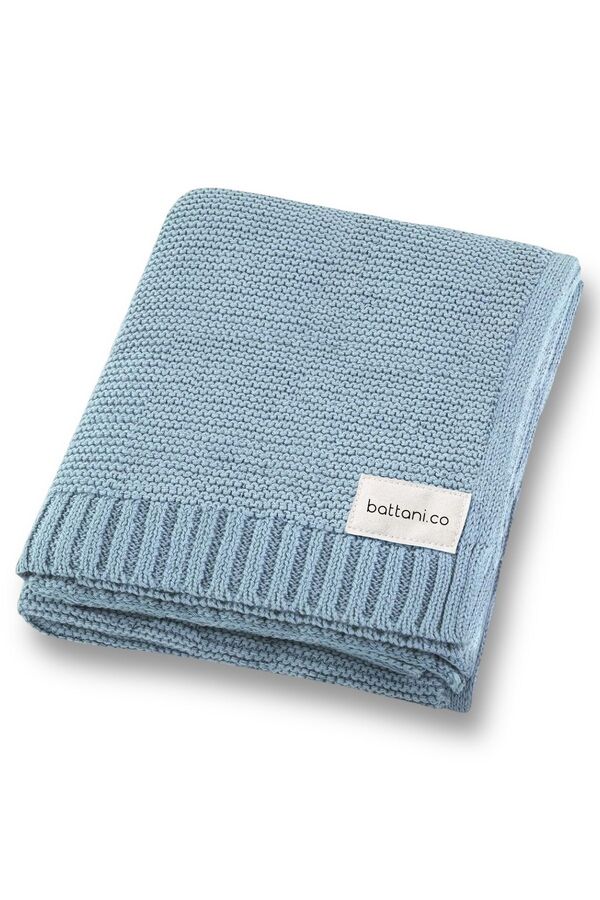 Battani.Co Kız Ve Erkek Bebek Için Triko Örgü Bebek Battaniyesi 85cm X85cm Basics Bebe Mavi