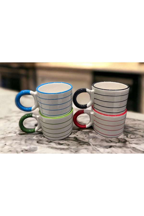 İZart-Handmade Ceramic Mug with 4-Piece Knot Handle and Line Pattern 1