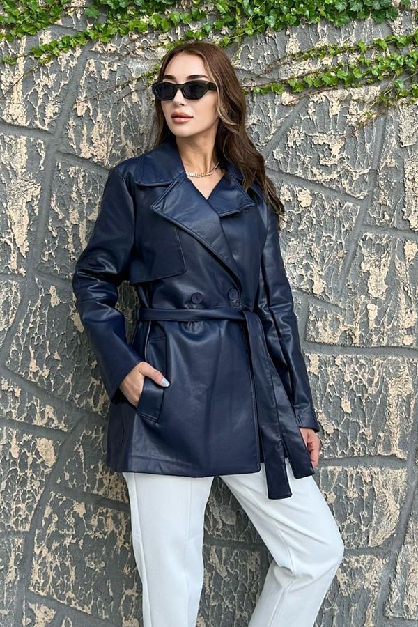 Modamesta Premium Navy Blue Leather Jacket Lined and Belted Trendyol