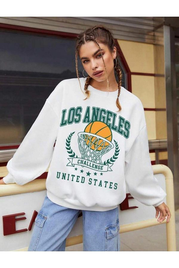 AFROG Y M Women s White Los Angeles Challenge Printed Crew Neck Sweatshirt Trendyol