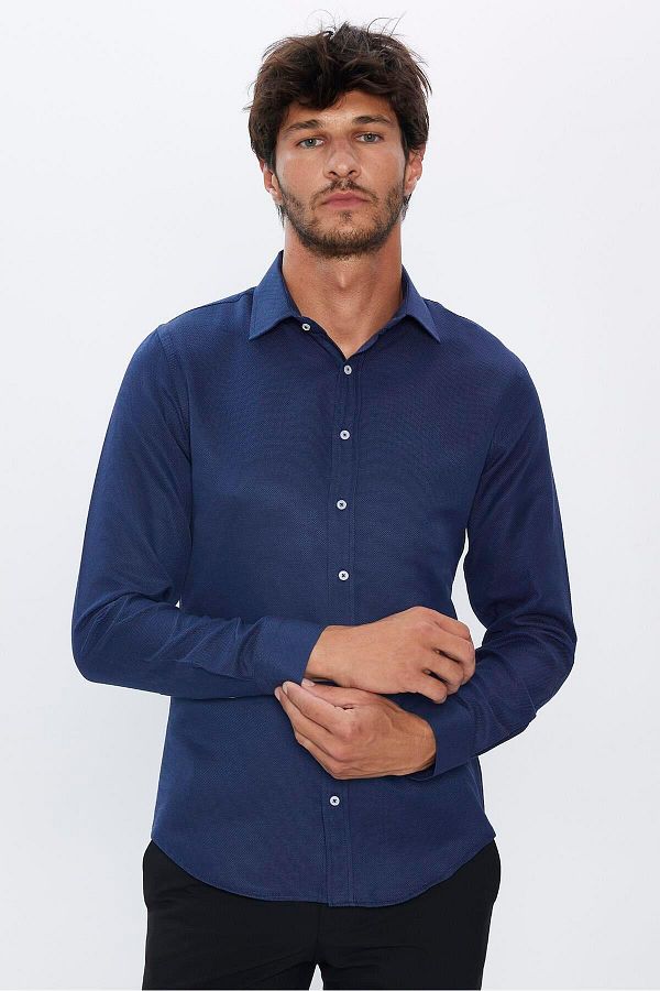 Tudors-Cămașă modernă, slim fit, cu mânecă lungă, din bumbac, Easy Iron Dobby, pentru bărbați, albastru 1