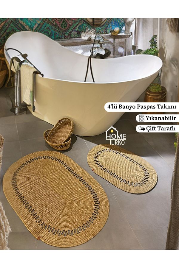 HomeTurko-Set de 2 iuta, paie, preș, covoraș de baie, set de covorașe de baie și coș de baie 1