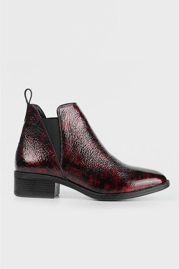TUNAELLİ-Women's Burgundy Genuine Patent Leather Chelsea Boots & Bootie 1