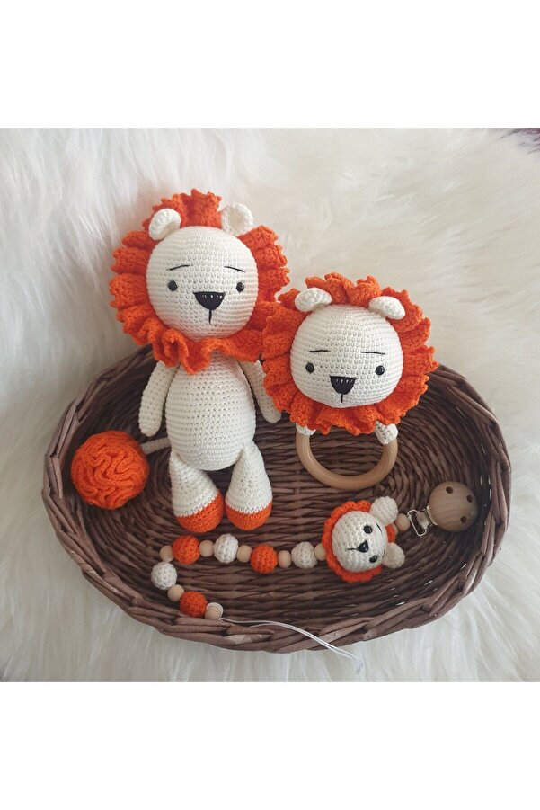 Genel Markalar Amigurumi Yenidoğan Turuncu Yeleli Aslan Uyku Arkadaşı , Emzik Zinciri ve Çıngırak 3'lü Set