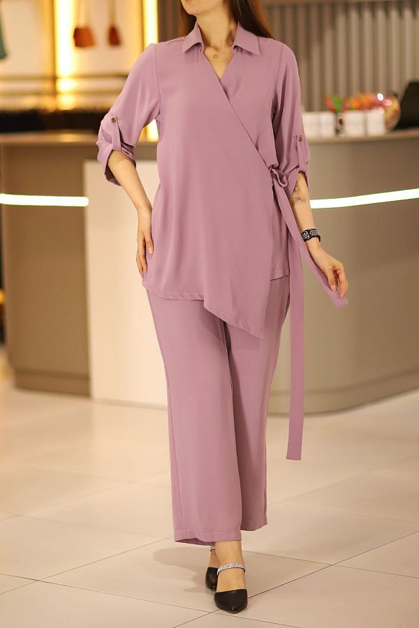 THE Q STUDİO-Plus Size Lilac Shirt and Trousers Set - Cuff Button Detail 1