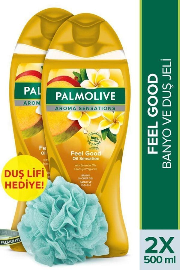 Palmolive-Aroma Sensations Feel Good Silky Bath and Shower Gel 500 ml x 2 Pieces + Shower Loofah Gift 1
