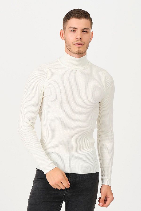 1000LAKE Men s White Full Turtleneck Ribbed Thin Knitwear Sweater Trendyol