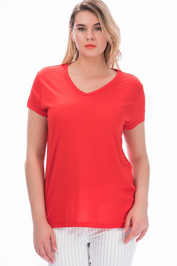 Şans-Women's Large Size Red Cotton Fabric V-Neck Blouse 65n27274 1