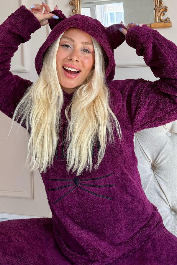 Pijamaevi-Meow Patterned Plum Full Plush Pajama Set 1