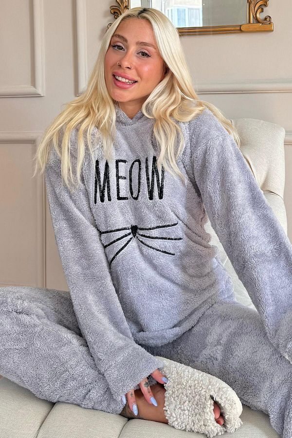 Pijamaevi-Light Gray - Meow Patterned Full Plush Pajama Set 1