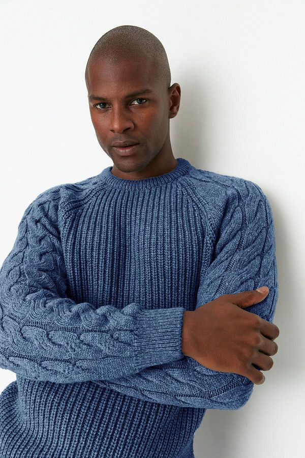 Trendyol Collection Unisex Indigo Knitwear Sweater Crew Neck Wool Hair Knit Detail Tmnaw22Kz2059 Trendyol