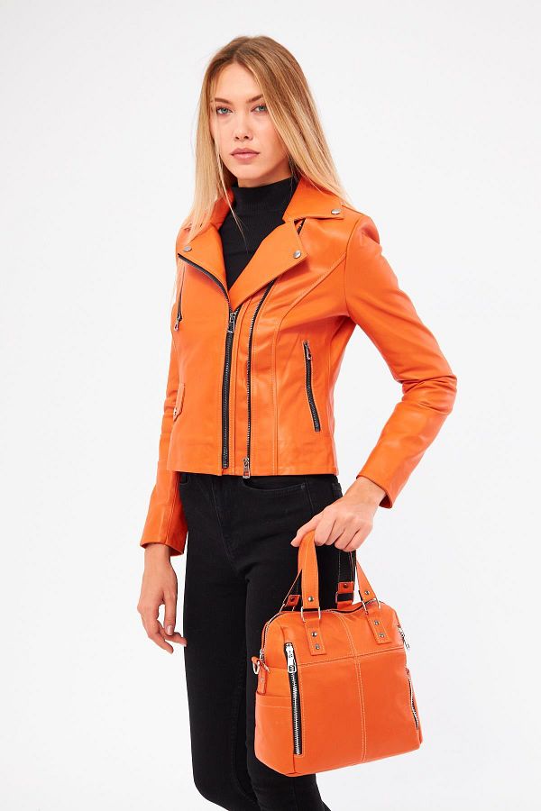 DERİNSS-Dr1249 - Genuine Leather Orange Coat and Bag Combination for Women 1