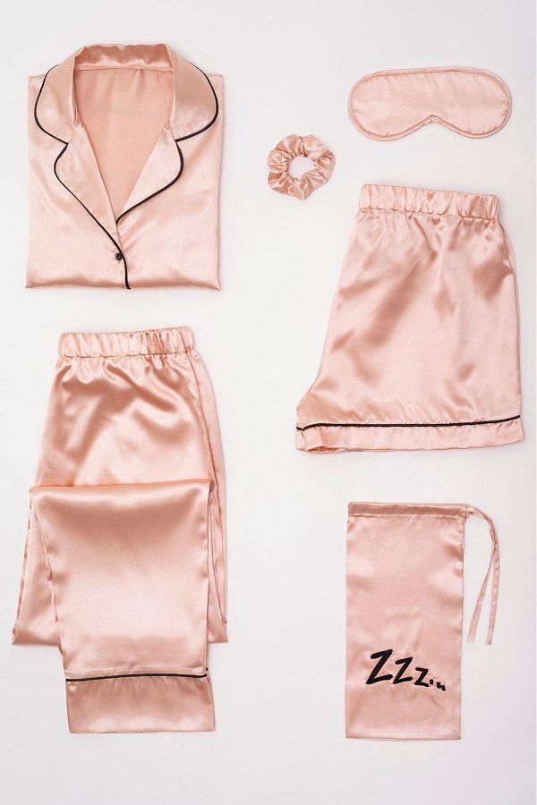 FOR YOU MODA 6 Piece Black Piping Rose Gold Satin Pajama Set Trendyol