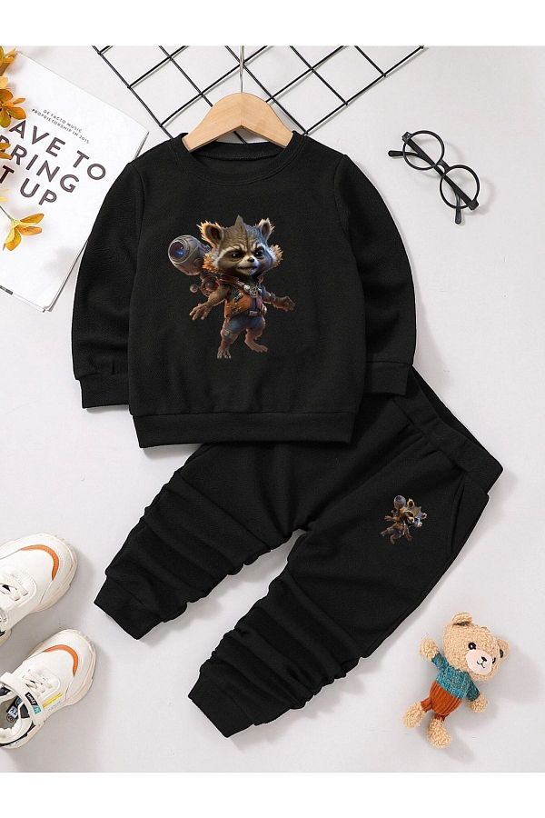 Know Unisex Kids Cotton Black Rocket Raccoon Printed Tracksuit Set Trendyol