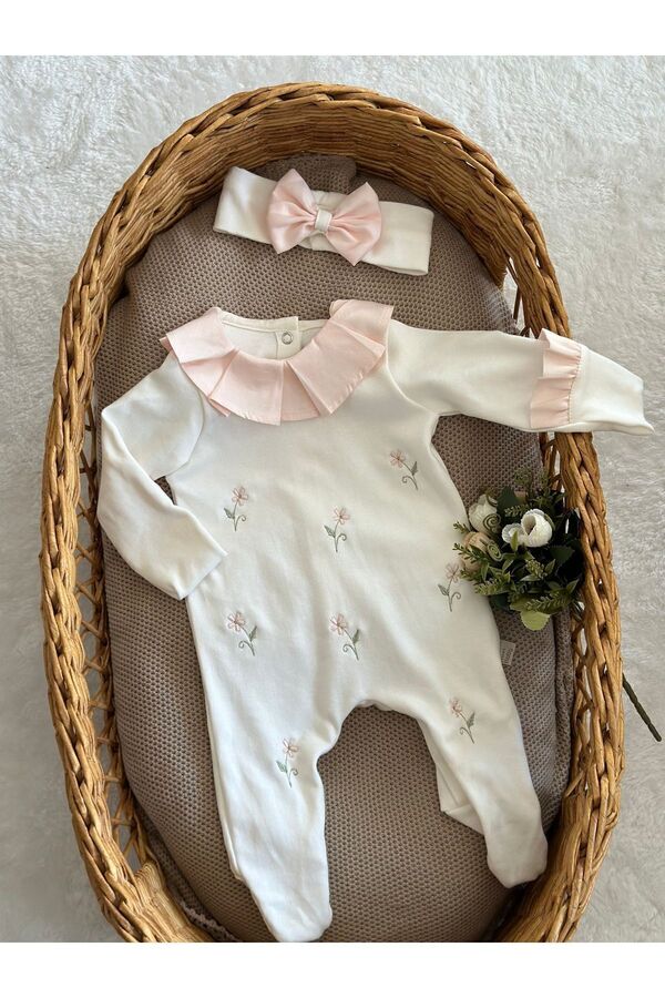 Mama Miel Baby Pembe Papatya Nakışlı Fırfır Yakalı Yenidoğan Tulum ve Bandanası