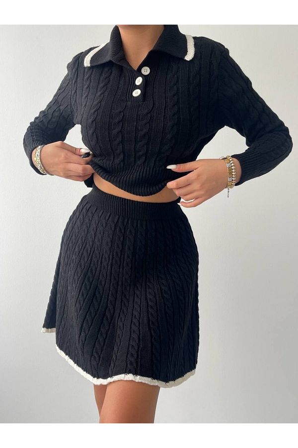 Mooi Butik Polo Neck Mini Sweater and Skirt Knitwear Set Black Trendyol
