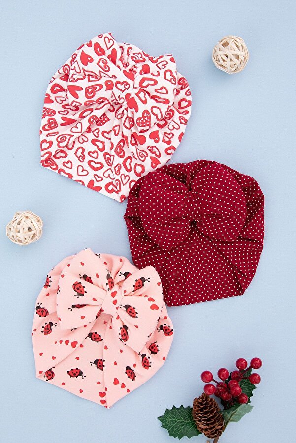 Kiwikido Kız Bebek Renkli Desenli 3`lü Bone Takım