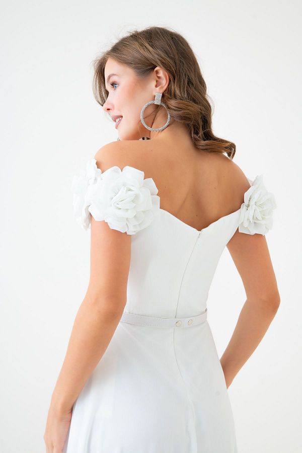 Jovian White Rose Tulle Long Chiffon Evening Dress Laser Cut Axle Dress Trendyol