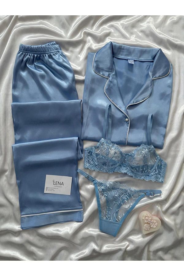 Lena Homewears moment 4 piece Satin Pajama Set Women s ButtoneD Dowry Trendyol
