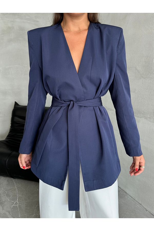 Laluvia-Marineblau Elegant - Jacke mit Gürtel Design 1