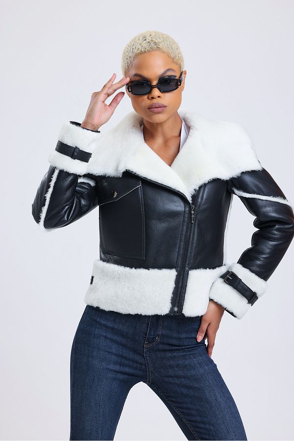 Black leather jacket with white fur inside best sale