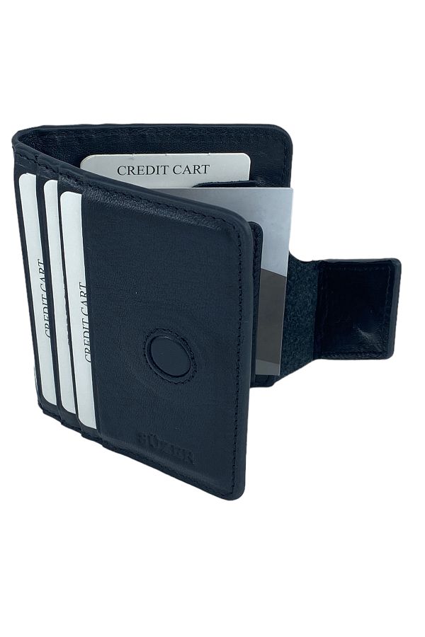 Süzer Deri-100% Genuine Leather Credit Card Holder with Paper Money Compartment and Microphone Black 1