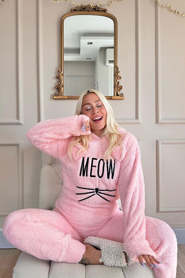 Pijamaevi Salmon Meow Patterned Full Plush Pajama Set Trendyol