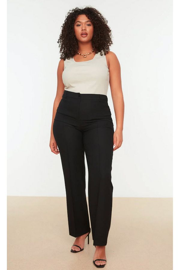 Trendyol Curve-Schwarze Hose aus gewebtem Stoff mit hoher Taille und geripptem Detail, spanisches Bein TBBSS22PL0301 1