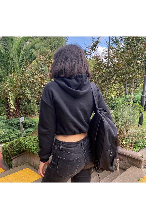 Kostebek Black Crop Top Thick Fabric Zipper Hooded Sweatshirt Trendyol