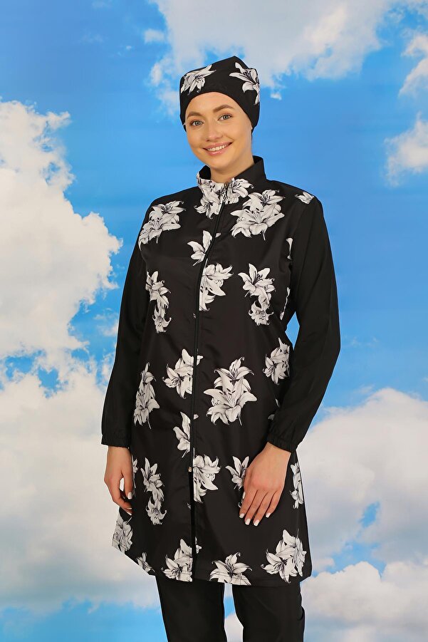 Akbeniz Full Hijab Swimsuit Women's, Patterned, Black, with
