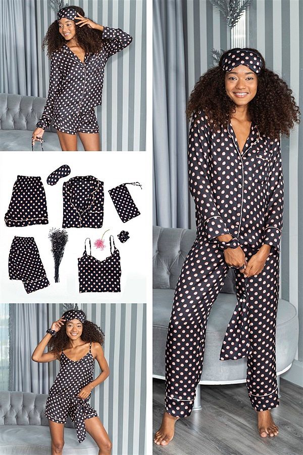 FOR YOU MODA Satin 7 Piece Gold Pointed Black Pajama Set Trendyol
