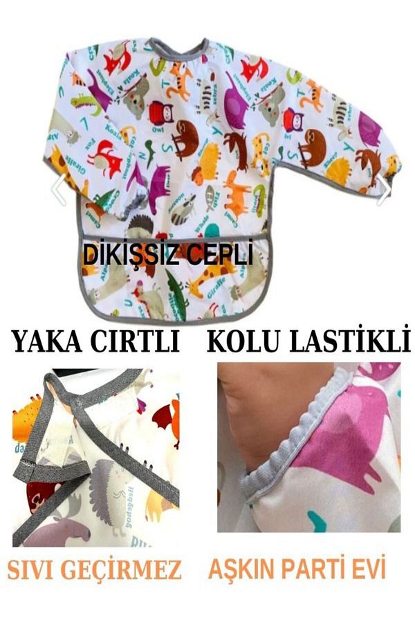 Aşkın Parti Evi-حديقة الحيوان، مقاومة للماء، جيب، آلة قابلة للغسل، فيلكرو، مريلة طعام أطفال بدون خياطة بأكمام طويلة 1