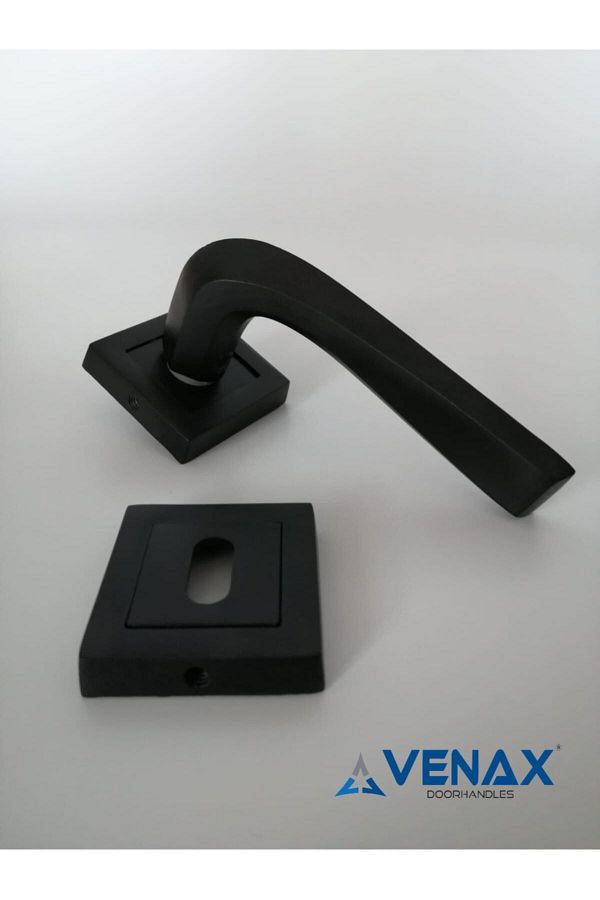 Venax-Matte Black Athens Room Door Handle with Stainless Square Rosette / 1 Set (2 Pieces - Front and Back) 1
