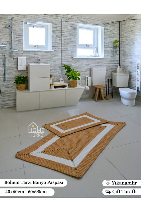 HomeTurko-Set covoraș de baie boem - iută, covoraș de baie zestre, cadou pentru casă 1