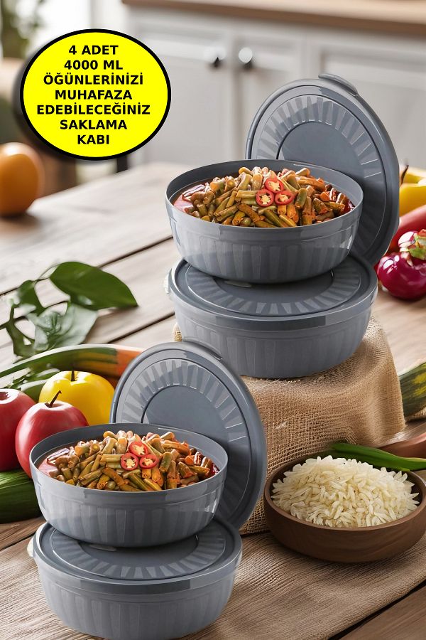 Open Home Concept-4 Pieces Round Storage Container Set with Lid - Bowl Microwave & Freezer Compatible 4 Lt Anthracite 1